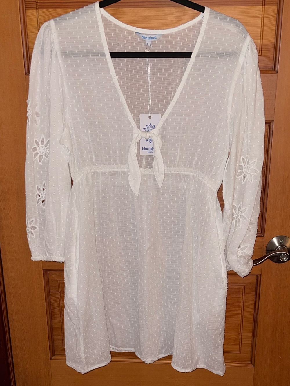 blue island White Sheer Swiss Dot Tie-Front Tunic